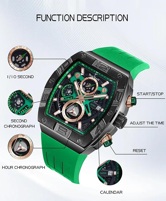 Men’s Sport Quartz Watch – Tonneau Case, Chronograph, Silicone Strap