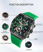 Men’s Sport Quartz Watch – Tonneau Case, Chronograph, Silicone Strap