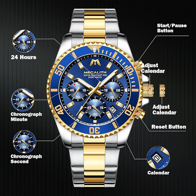 MEGALITH Men’s Stainless Steel Chronograph Quartz Watch – Waterproof, Date