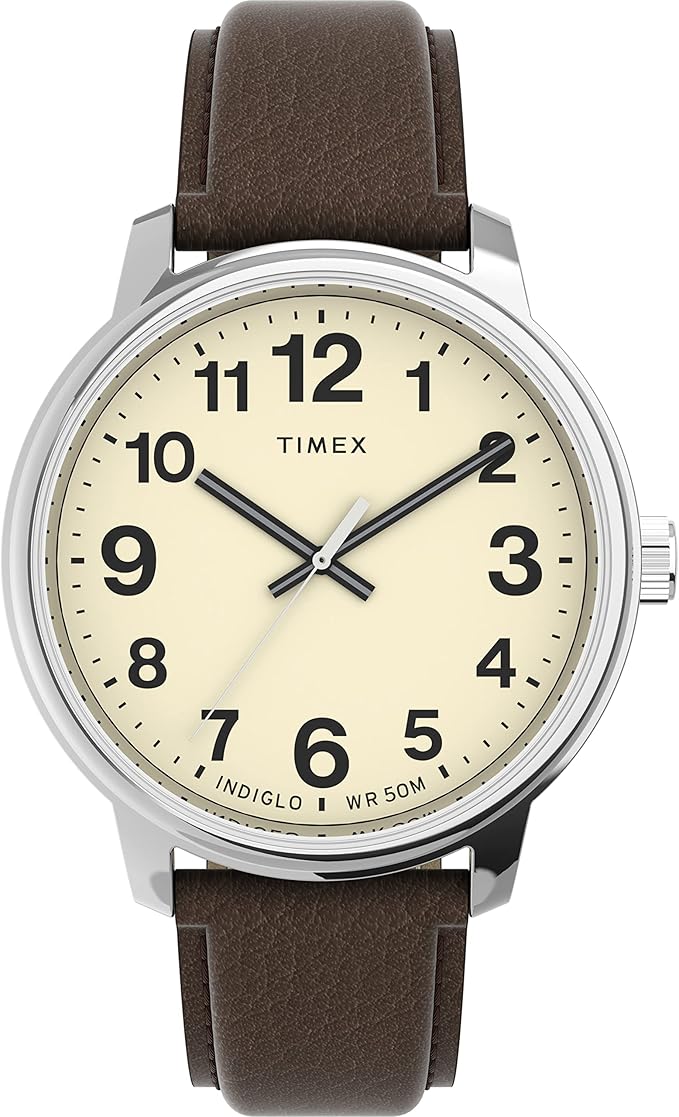 Timex Easy Reader Quartz Men’s Watch Silver-Tone Case & Brown Leather Strap