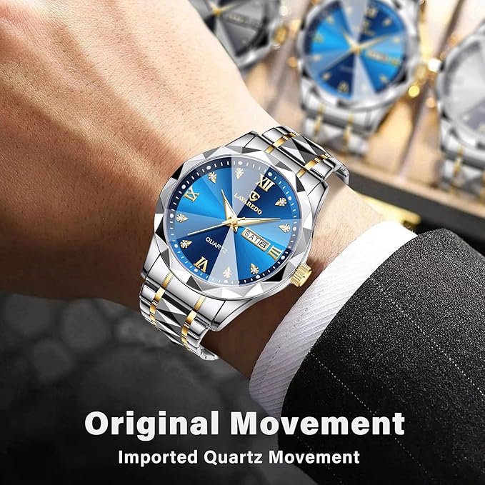 Men’s Diamond Business Dress Watch – Two-Tone Stainless Steel, Luminous, Date
