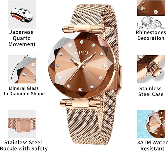 CIVO Women’s Analog Quartz Watch – Waterproof, Stainless Steel Mesh Strap, Diamond Dial