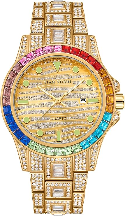 Blinged‑Out Colorful Crystal Stainless Steel Bracelet Watch for Men