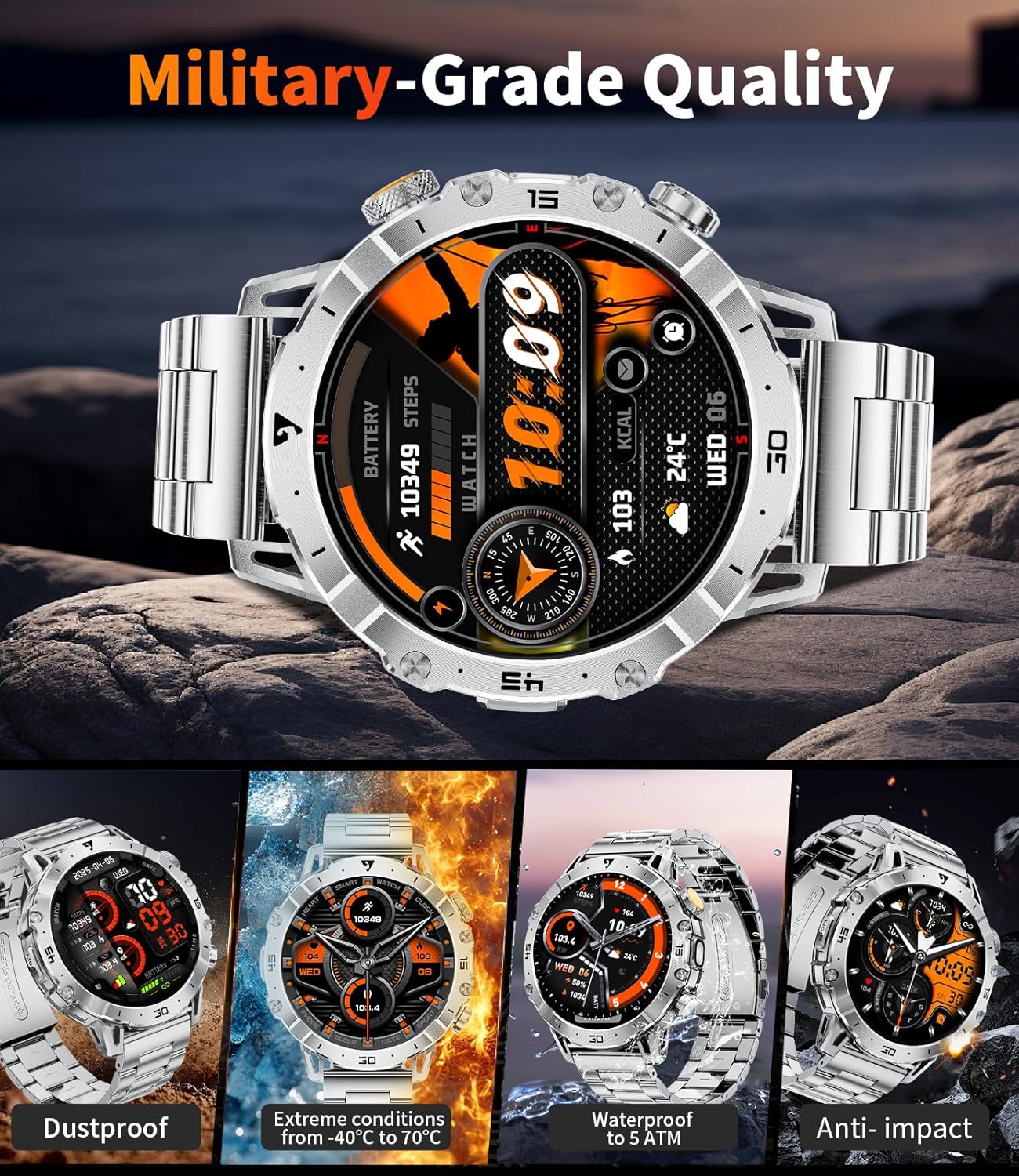 Military Smart Watch for Men – 1.7” Display, Bluetooth Call, 114 Sports Modes