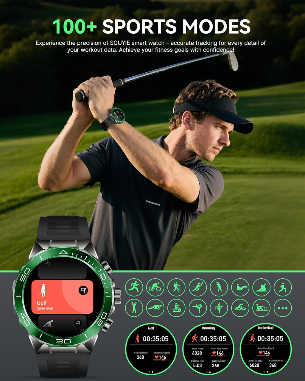 SOUYIE Men’s Smart Watch – 1.43” AMOLED, Bluetooth Calling, Dual Strap