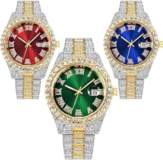 CdyBox 3-Pack Men’s Hip Hop Watches – Diamond Dial, Roman Numerals, Stainless Steel