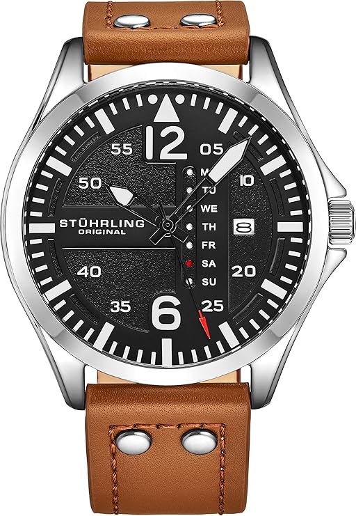 Stuhrling Original Men’s Aviation Watch with Quick‑Set Day‑Date Leather Band