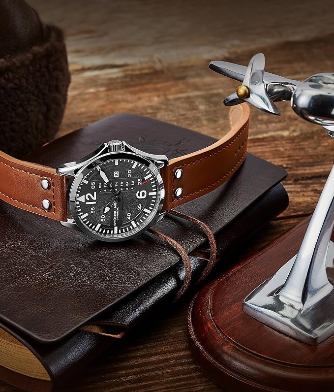Stuhrling Original Men’s Aviation Watch with Quick‑Set Day‑Date Leather Band