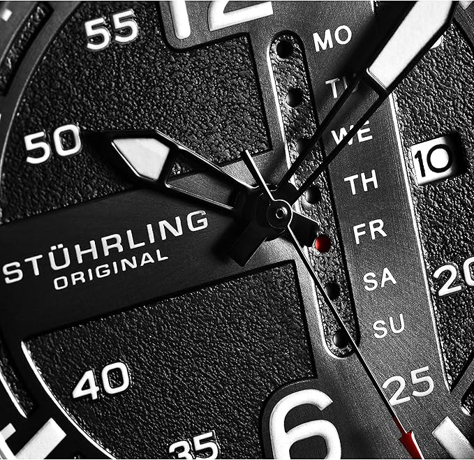 Stuhrling Original Men’s Aviation Watch with Quick‑Set Day‑Date Leather Band