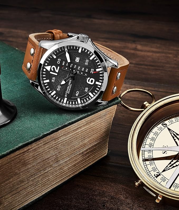 Stuhrling Original Men’s Aviation Watch with Quick‑Set Day‑Date Leather Band